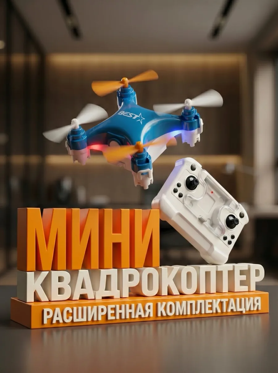 Синий мини-квадрокоптер AllTech с пультом
